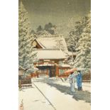 A Japanese woodblock print, Snow at Hie Shrine (Shato no yuki (Hie jinja) by Kawase Hasui (1931),