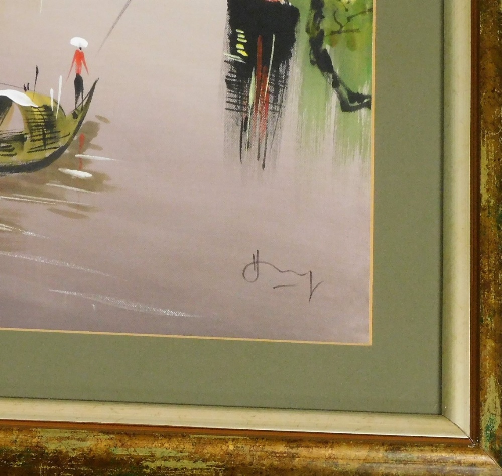 A 20thC Chinese painting on linen depicting waterways with houses, boats and figures, signed 45cm - Image 5 of 5