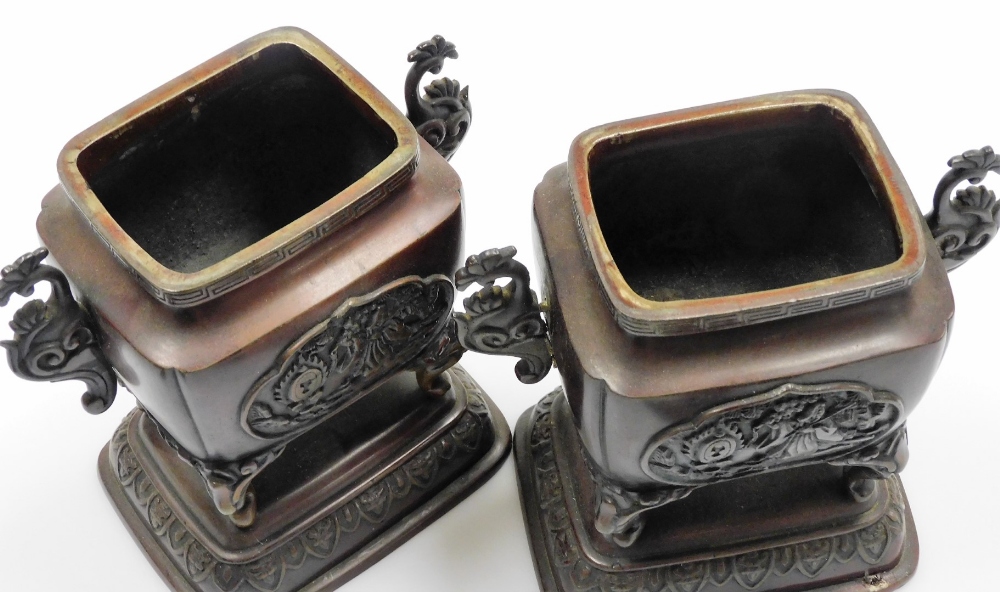 A pair of Japanese bronze incense burners, each with domed lids with Sambaso dancer knops, the - Image 5 of 10