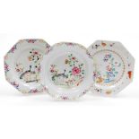 Three 18thC hand painted Chinese famille rose porcelain plates, including an octagonal soup bowl,