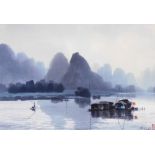 A 20thC Chinese river landscape with boats, watercolour, signed, 36cm x 52cm.