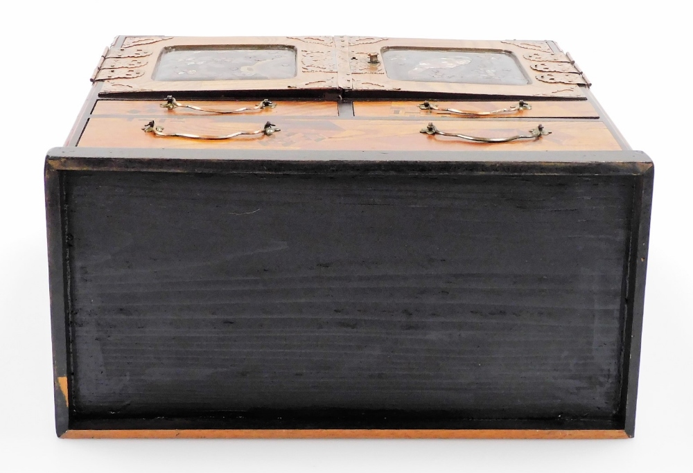 A Japanese Meiji period parquetry and lacquer table cabinet, with two doors opening to reveal six - Image 6 of 7