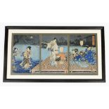 A Japanese woodblock triptych, depicting a geisha in flowing kimono making her way across shallow to