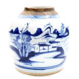 A Chinese blue and white porcelain ginger jar, decorated with a landscape scene below geometric