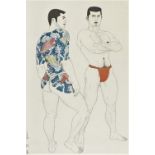 A Japanese lithograph, of two young men one with an elaborate body tattoo of carp among waves from