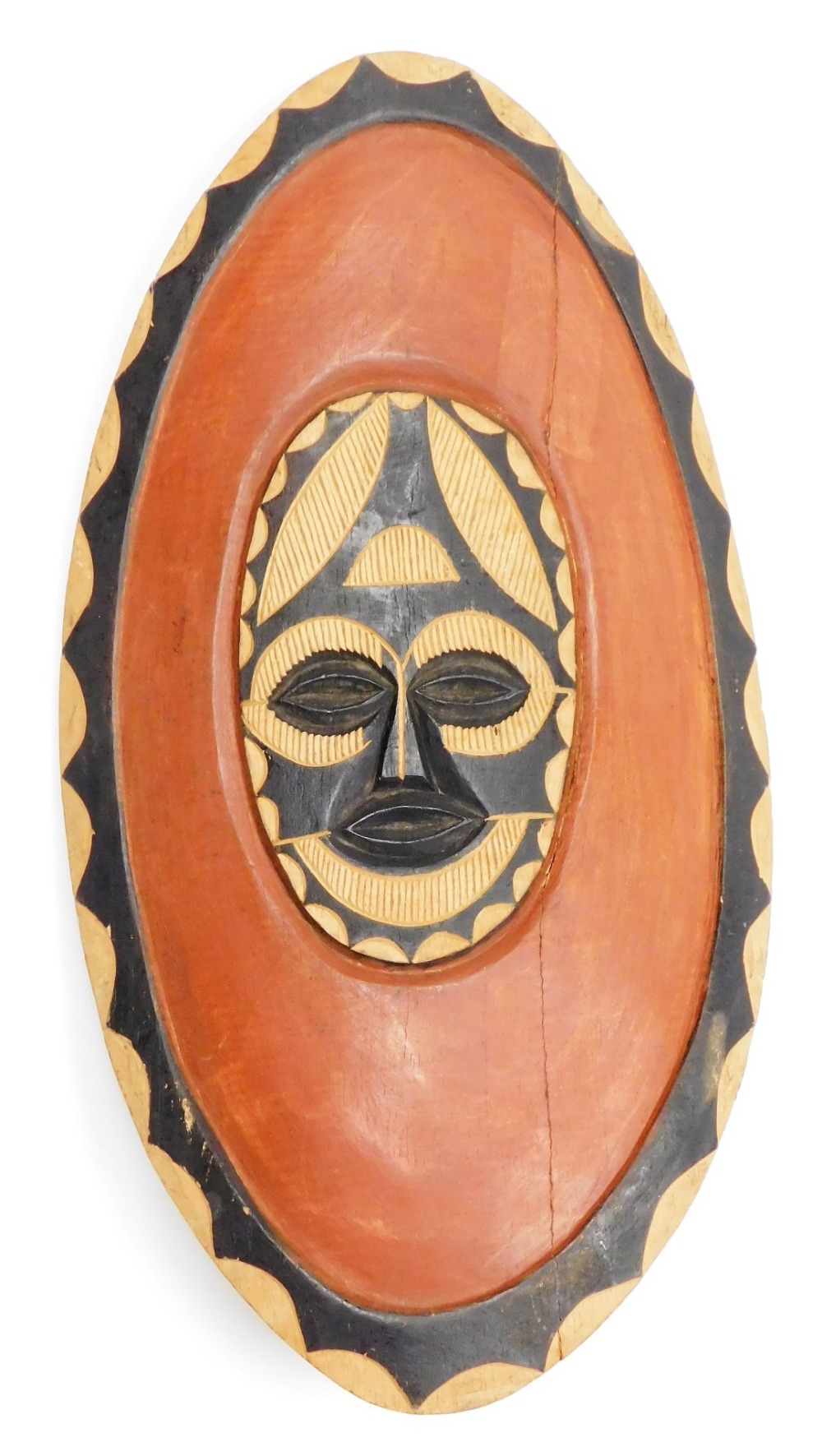 Tribal Art. A painted and carved timber wall mask, and two painted and timber shields, the wall mask - Image 8 of 9