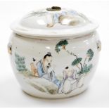 A Chinese Republic style porcelain jar and cover, of compressed circular form, polychrome