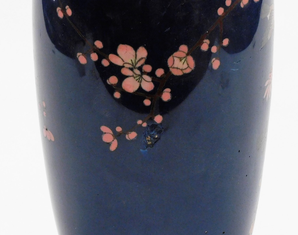 A Meiji period Japanese cloisonne baluster vase, decorated with flowers on a blue ground, 35cm high. - Image 8 of 8