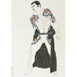 A Japanese lithograph, of a young man with an elaborate floral body tattoo and black cape from the