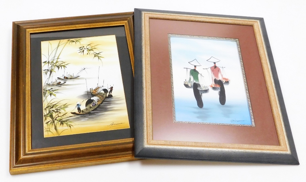 Two Oriental watercolours, one depicting two figures carrying fish and chillis in a river scene,