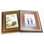 Two Oriental watercolours, one depicting two figures carrying fish and chillis in a river scene,