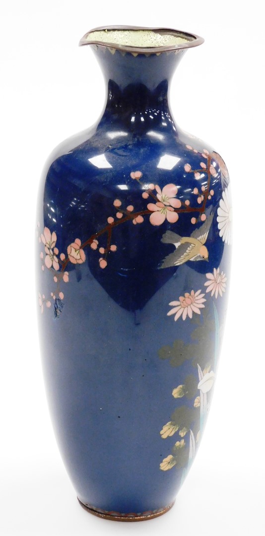 A Meiji period Japanese cloisonne baluster vase, decorated with flowers on a blue ground, 35cm high. - Image 4 of 8