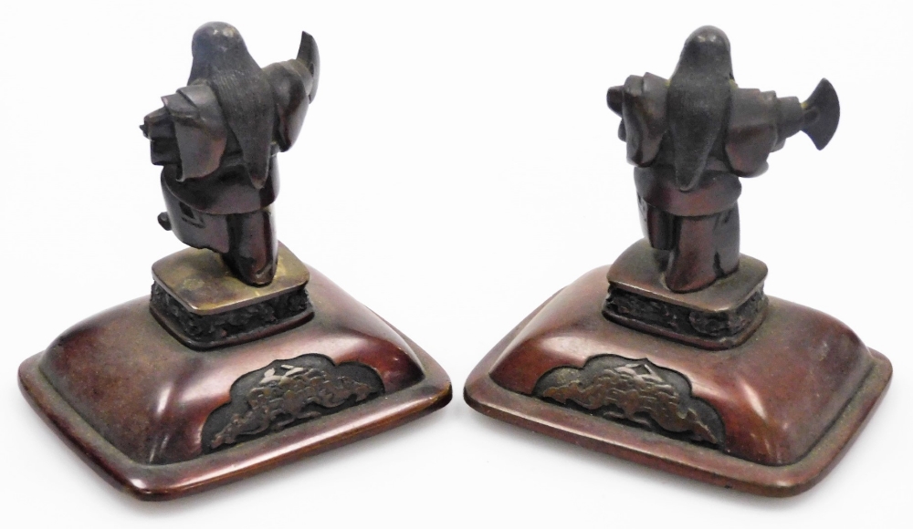 A pair of Japanese bronze incense burners, each with domed lids with Sambaso dancer knops, the - Image 8 of 10
