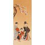 A Japanese woodblock print, depicting a geisha, two children and her attendant dressed in finery