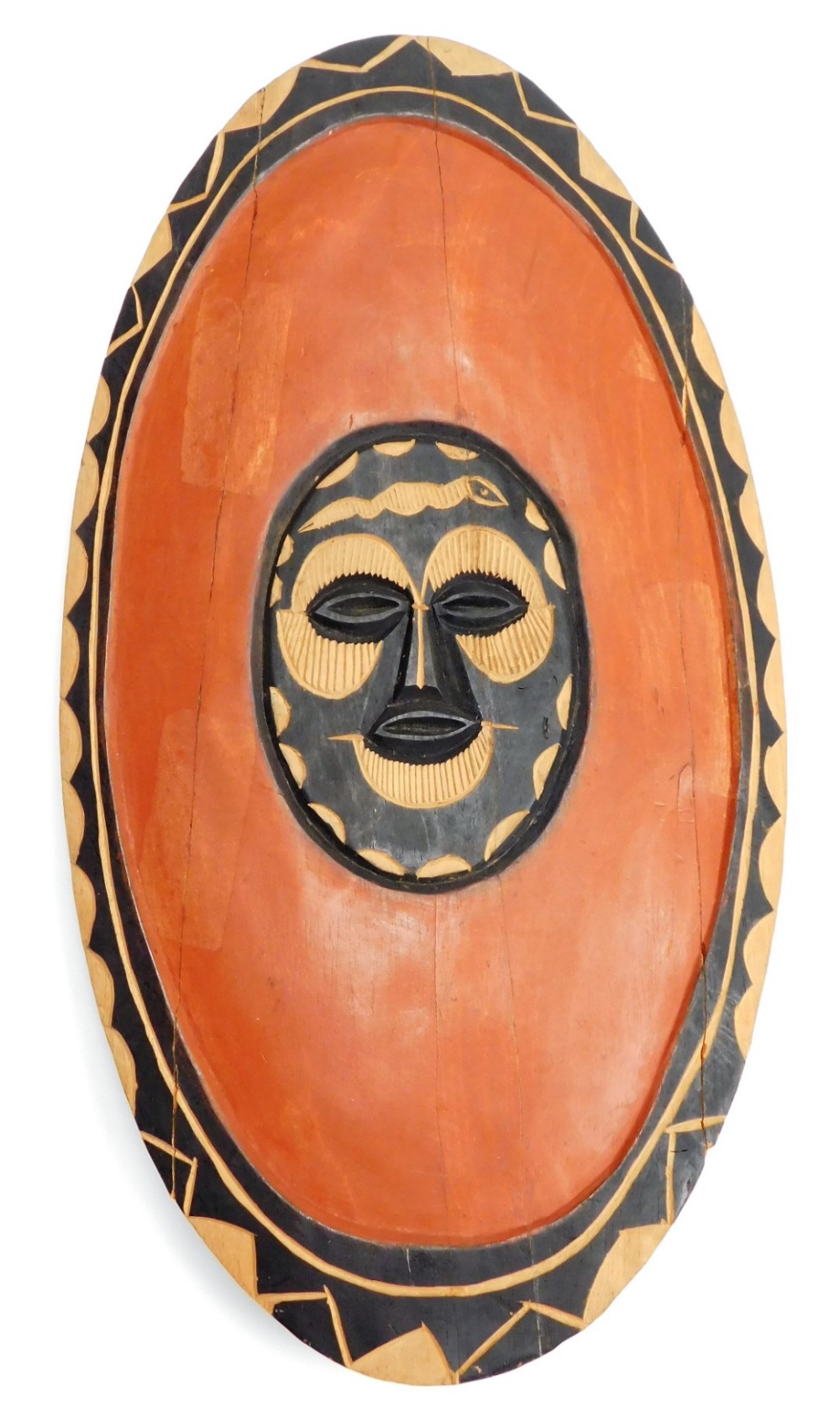 Tribal Art. A painted and carved timber wall mask, and two painted and timber shields, the wall mask - Image 6 of 9