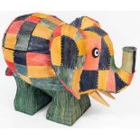 A multi coloured hide, wicker and metal framed elephant storage box, 88cm high, 120cm wide, 38cm