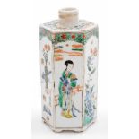 A Chinese porcelain hexagonal tea caddy, decorated with panels of vases and figures beside a