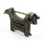 A late 19thC Chinese bronze dragon lock, with three wheel design and pull out lock, 9cm wide.