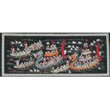 A Chinese silk embroidery panel, depicting dragon boats and swimmers, 20thC, 32cm x 84cm.