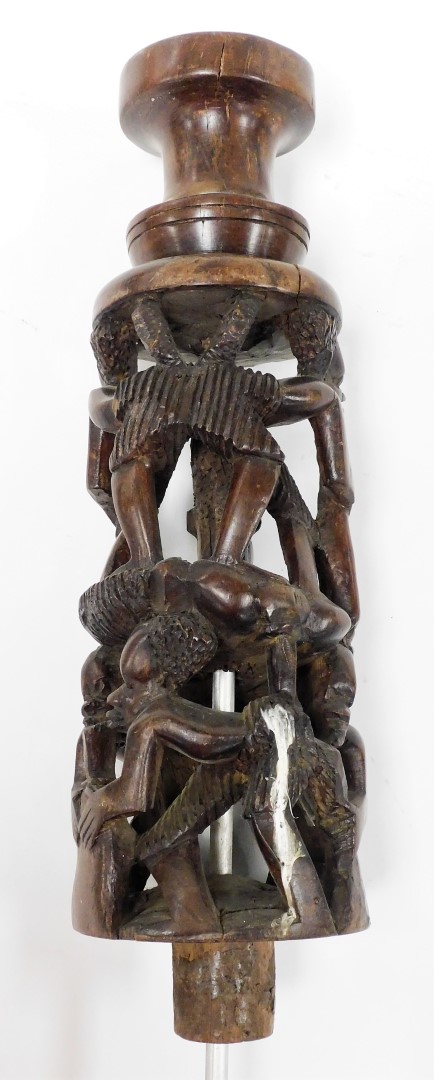 A 20thC African tribal carved pillar, of four sections formed as many figures with elaborate hair - Image 3 of 11