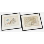 Two Japanese woodblock print by Kawanabe Kyosai (1831-1889), two rats nibbling on a fish head, the