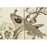 A Japanese monochrome woodblock print of a peacock on a branch with peahen below, signed on the left