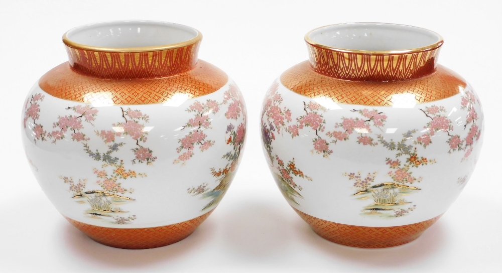 A pair of Japanese Kutani porcelain jardinieres, decorated with pheasants chrysanthemums and - Image 4 of 8