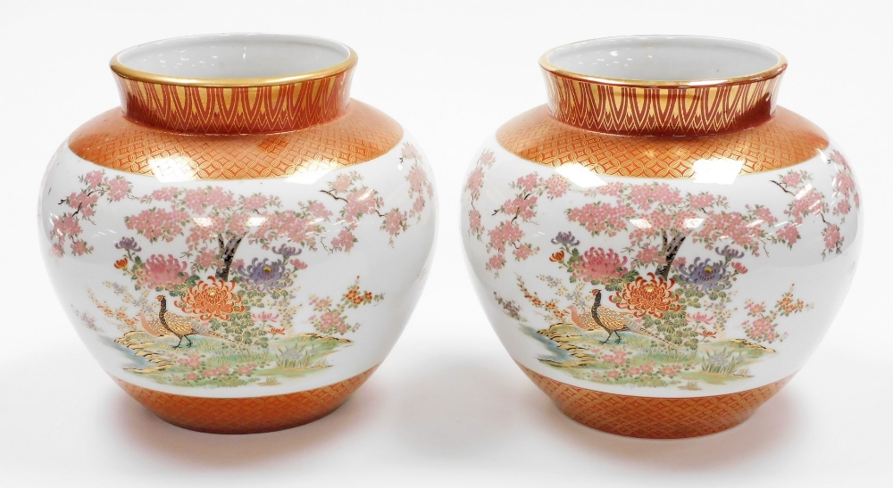 A pair of Japanese Kutani porcelain jardinieres, decorated with pheasants chrysanthemums and - Image 3 of 8