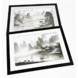 20thC Chinese. A pair of mountainous river scenes, with figures, boats and cattle, monochrome