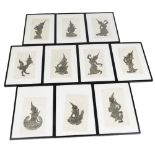 A collection of ten Thai black wax rubbings, depicting musicians and dancers, 50cm x 30cm, in