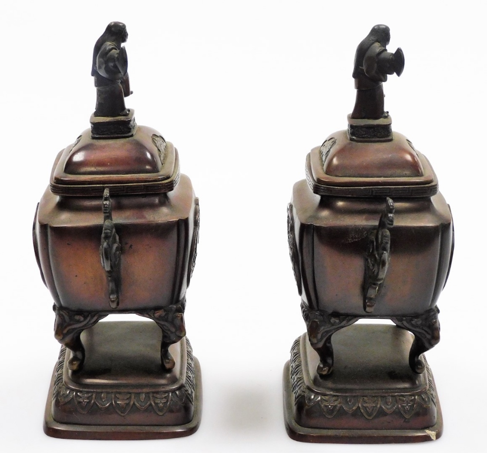 A pair of Japanese bronze incense burners, each with domed lids with Sambaso dancer knops, the - Image 4 of 10