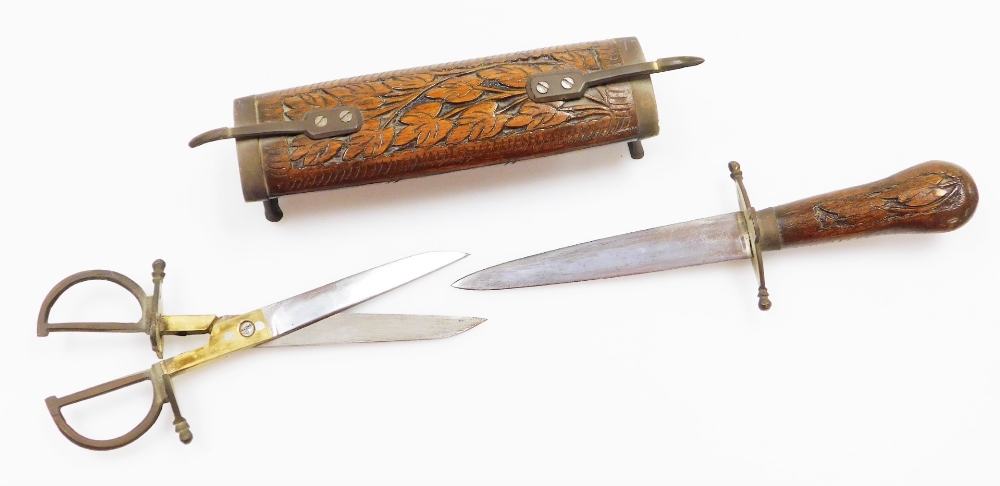 Three Indian teak knife & scissor sets, two on brass supports and pistol grip dagger, 29cm and - Image 2 of 7