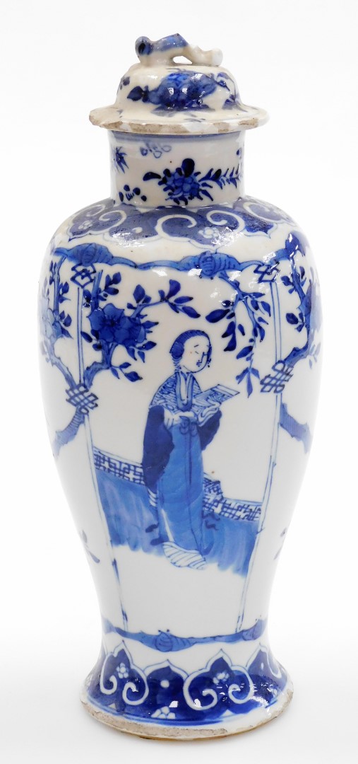 A Chinese blue and white porcelain baluster jar and cover, decorated with panels of women - Image 3 of 8