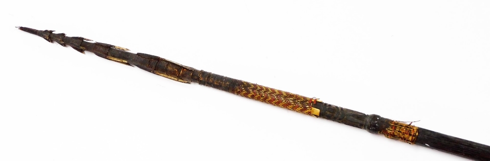 An African tribal spear, with plain handle, turned top and pierced wooden top end, 190cm high, - Image 3 of 6