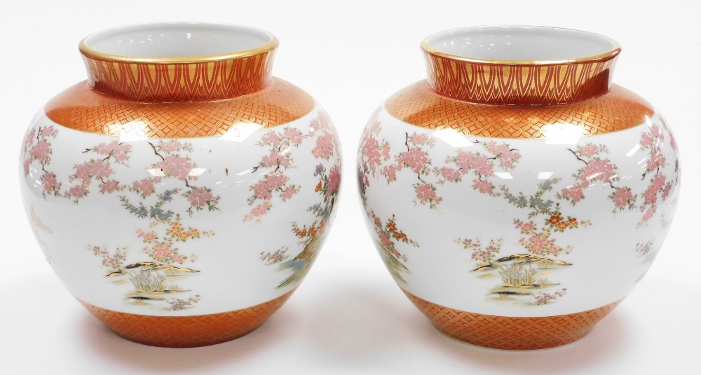 A pair of Japanese Kutani porcelain jardinieres, decorated with pheasants chrysanthemums and - Image 2 of 8