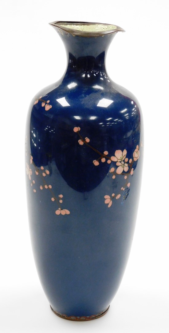 A Meiji period Japanese cloisonne baluster vase, decorated with flowers on a blue ground, 35cm high. - Image 3 of 8