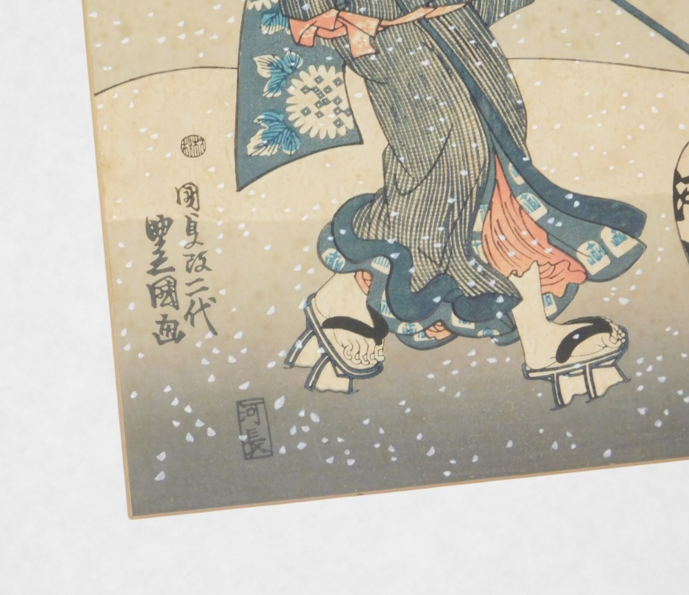 A Japanese woodblock triptych, "Abundant snow at the end of the year" by Utagawa Kunisada (also - Image 3 of 7