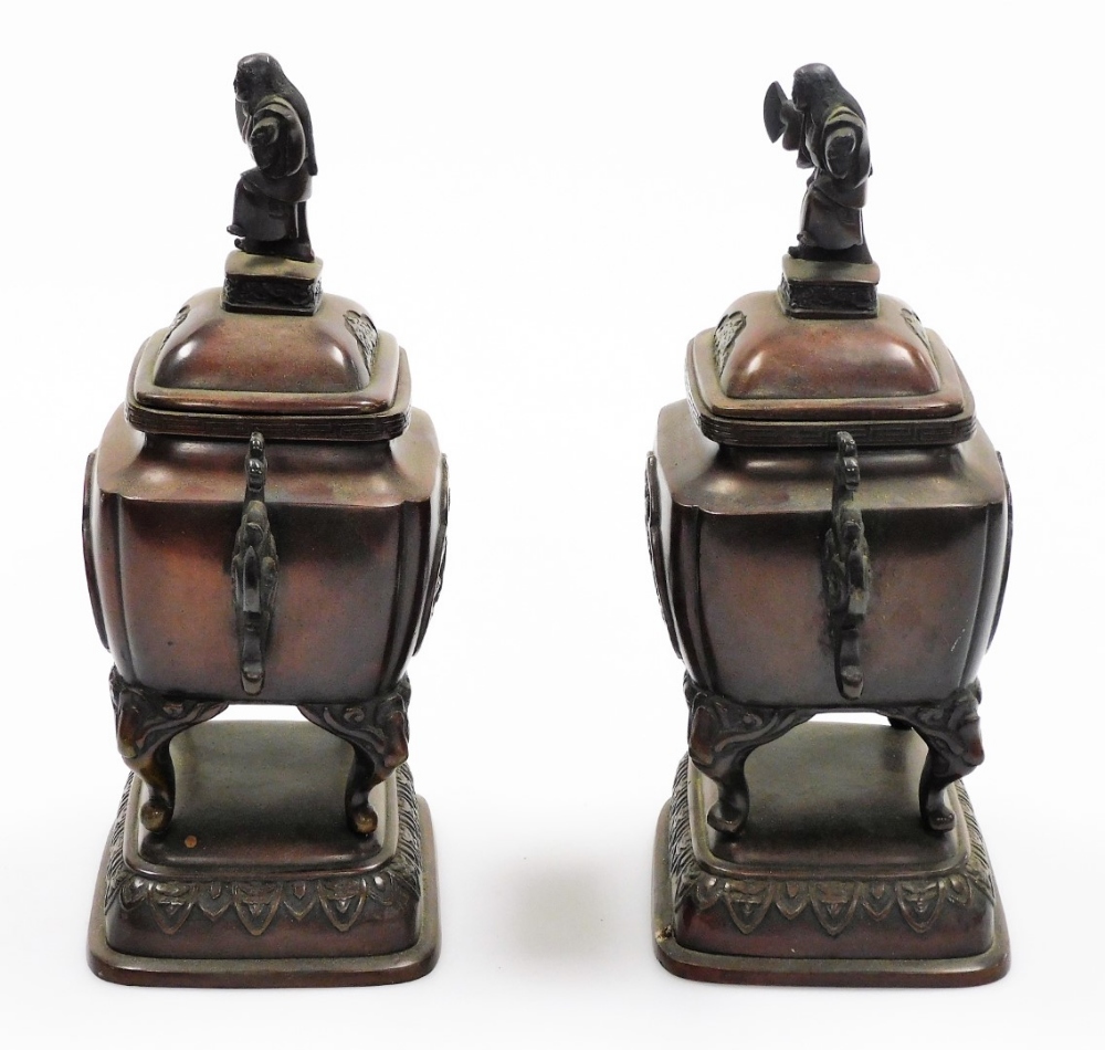 A pair of Japanese bronze incense burners, each with domed lids with Sambaso dancer knops, the - Image 2 of 10