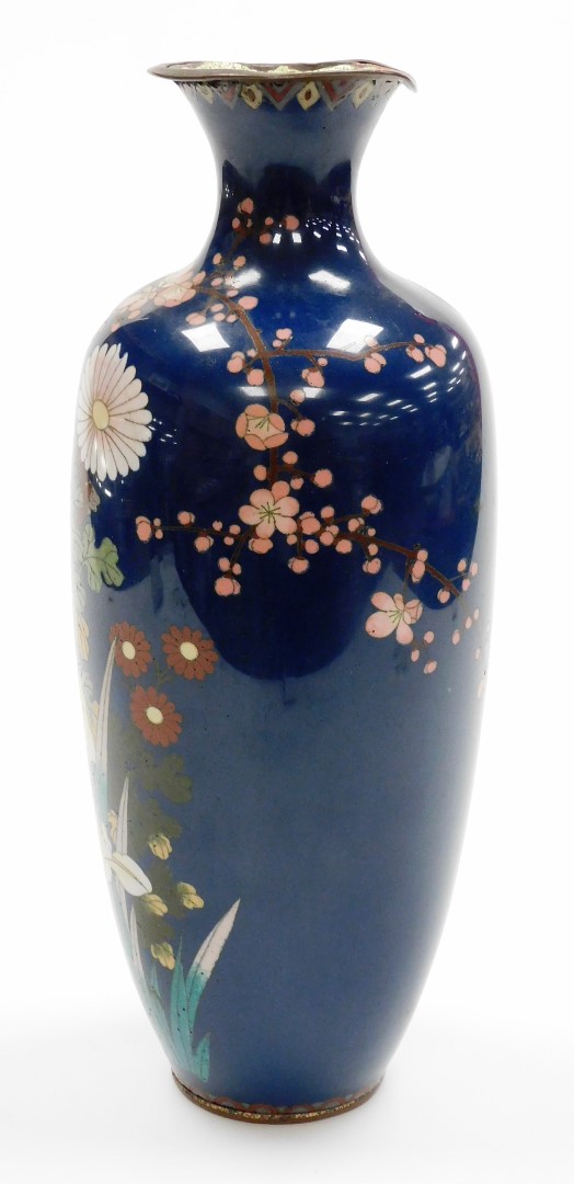A Meiji period Japanese cloisonne baluster vase, decorated with flowers on a blue ground, 35cm high. - Image 2 of 8