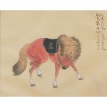 A Japanese print on silk, depicting a saddled horse with two red seals and lengthy inscription,