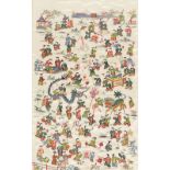 An early 20thC Chinese silk embroidery, of figures and dragons, with a green floral border, in a