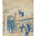 A Japanese woodblock surimono "Kamata" by Totoya Hokei, depicting figures beside a fence extolling