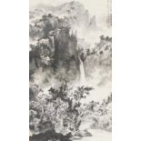 A 20thC Chinese ink painting, of a dramatic rocky mountainous landscape, inscribed in the upper
