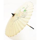 A Chinese bamboo and paper parasol, painted with a wove basket of flowers and two butterflies,