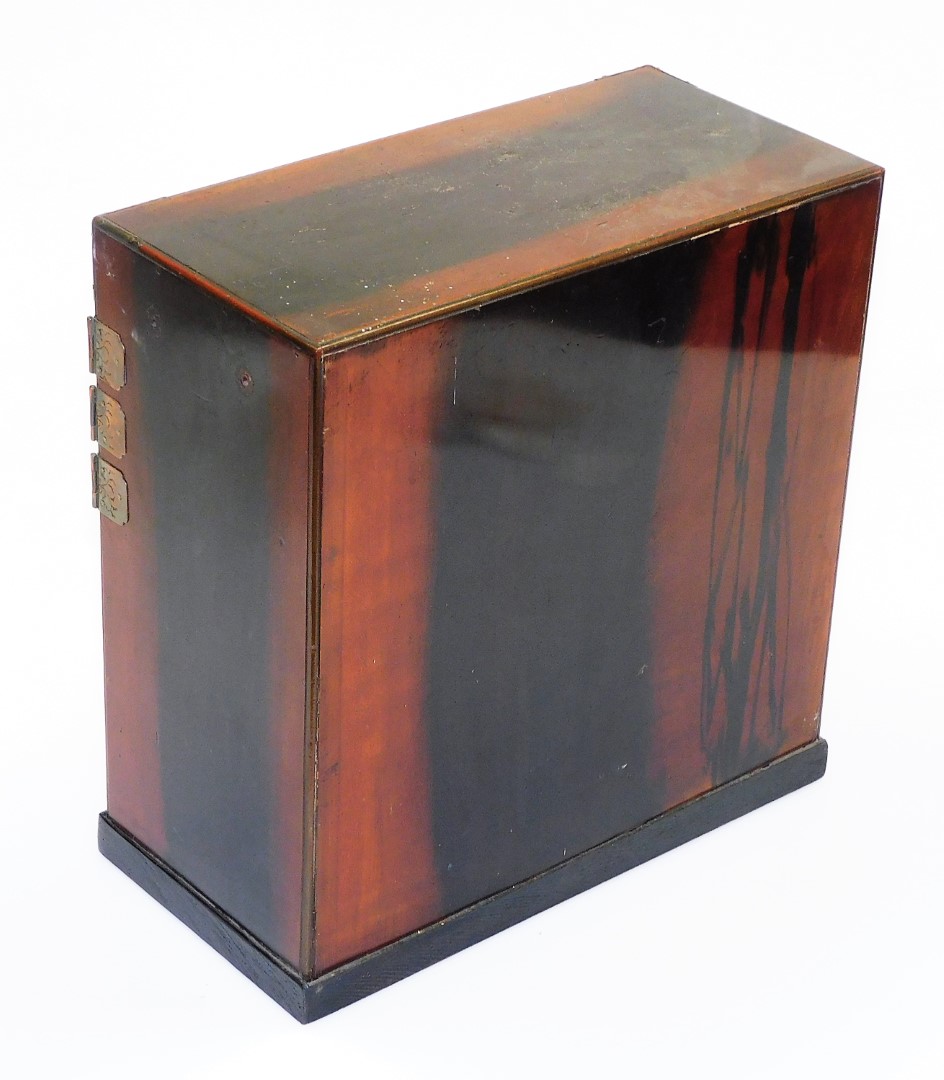 A Japanese Meiji period parquetry and lacquer table cabinet, with two doors opening to reveal six - Image 2 of 7