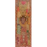 An Indian embroidery wall hanging, in multicoloured abstract panels with boteh designs and with