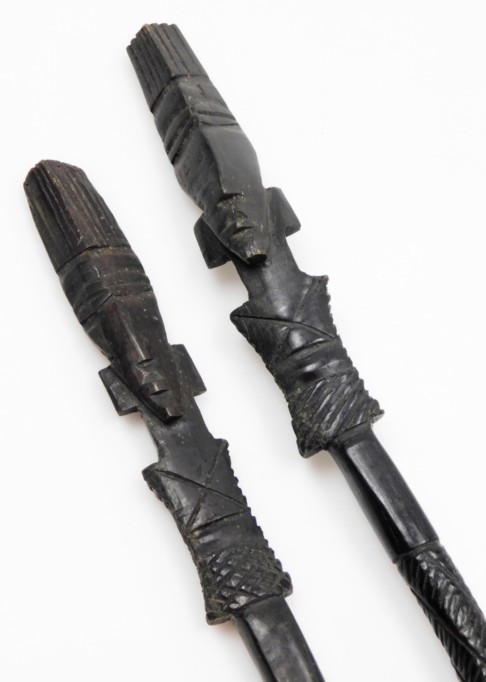Two small African carved wooden spears, each with figure and various carvings to the top, 50cm long. - Image 2 of 4