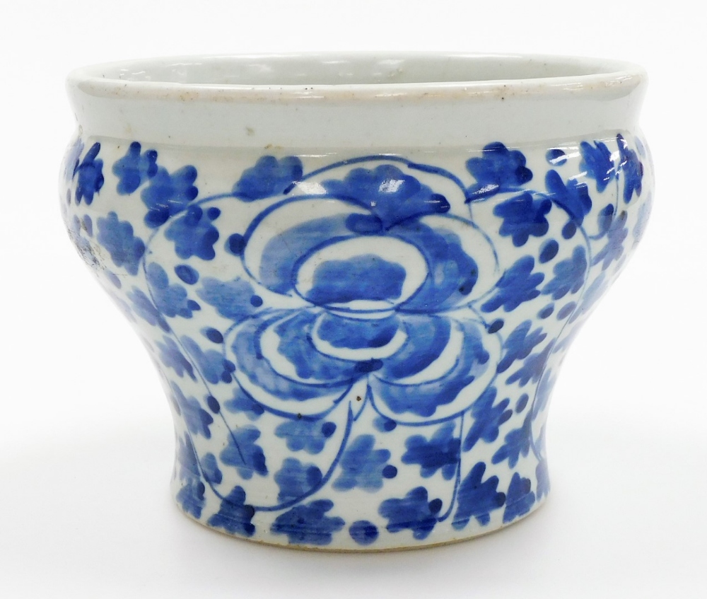 A late 19thC Chinese blue and white jardiniere, of waisted form painted with flowers and leaves, - Image 3 of 6