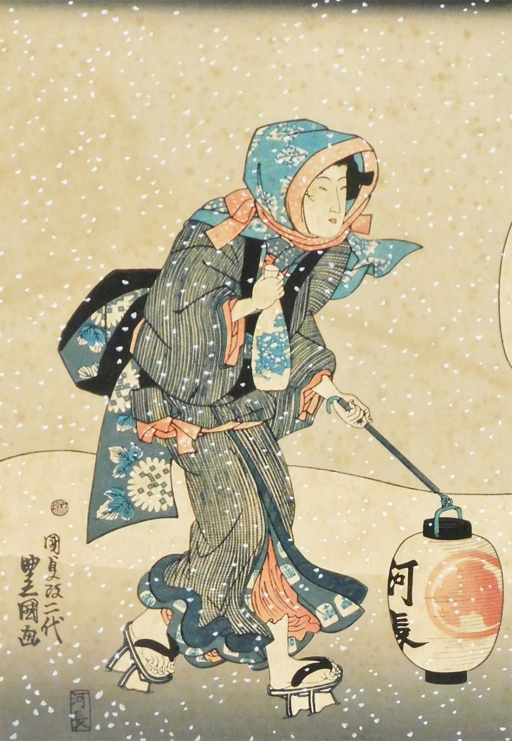 A Japanese woodblock triptych, "Abundant snow at the end of the year" by Utagawa Kunisada (also - Image 2 of 7