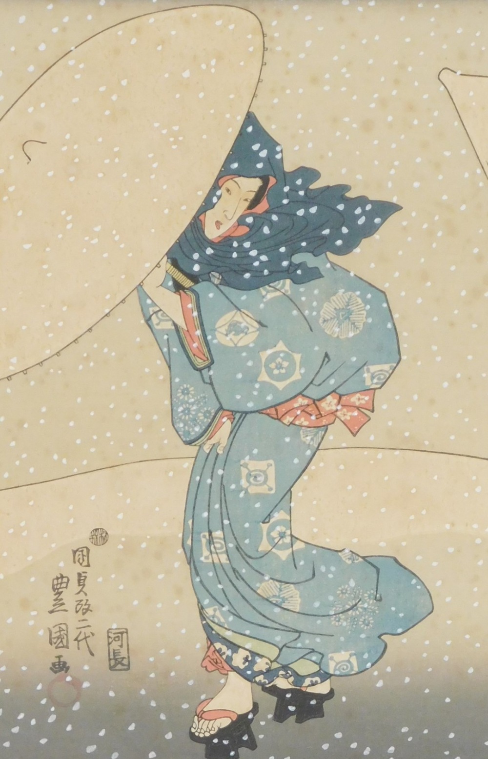 A Japanese woodblock triptych, "Abundant snow at the end of the year" by Utagawa Kunisada (also - Image 4 of 7